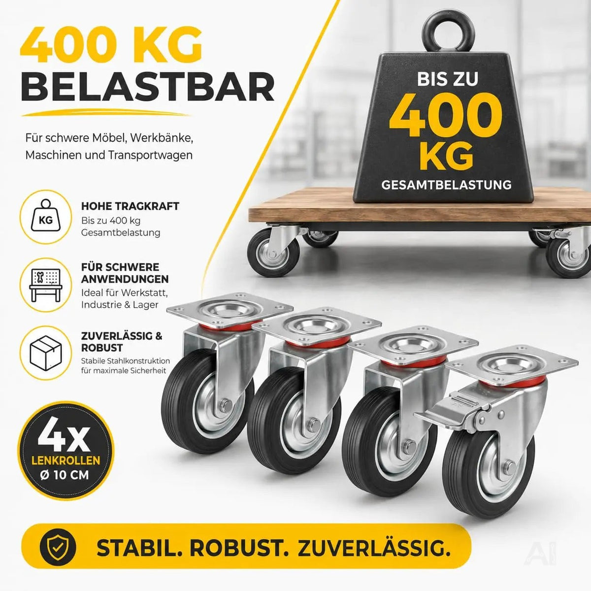 4er Transportrollen & Schwerlastrollen - mit Bremse - Lenkrolle - Bis 400 kg belastbar Schwerlast Möbelrollen (4x Lenkrollen ∅10 cm)