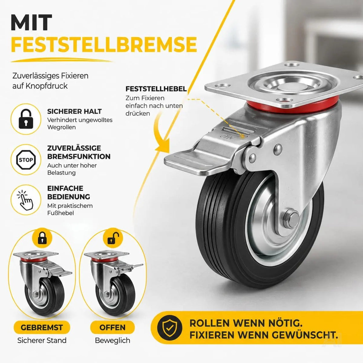 4er Transportrollen & Schwerlastrollen - mit Bremse - Lenkrolle - Bis 400 kg belastbar Schwerlast Möbelrollen (4x Lenkrollen ∅10 cm)
