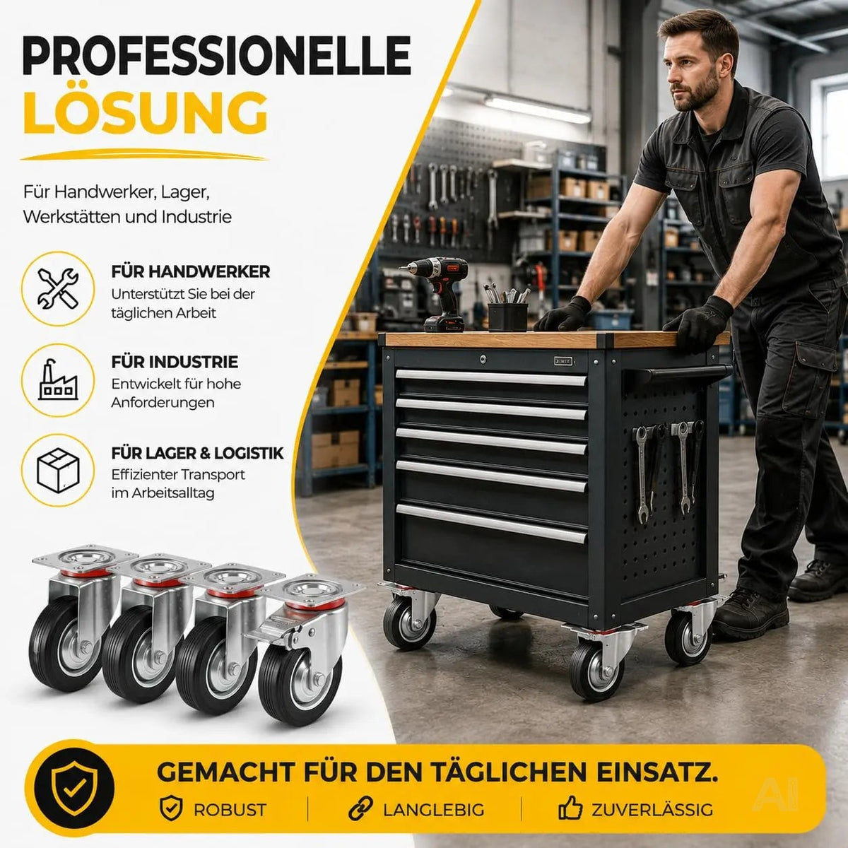 4er Transportrollen & Schwerlastrollen - mit Bremse - Lenkrolle - Bis 400 kg belastbar Schwerlast Möbelrollen (4x Lenkrollen ∅10 cm)