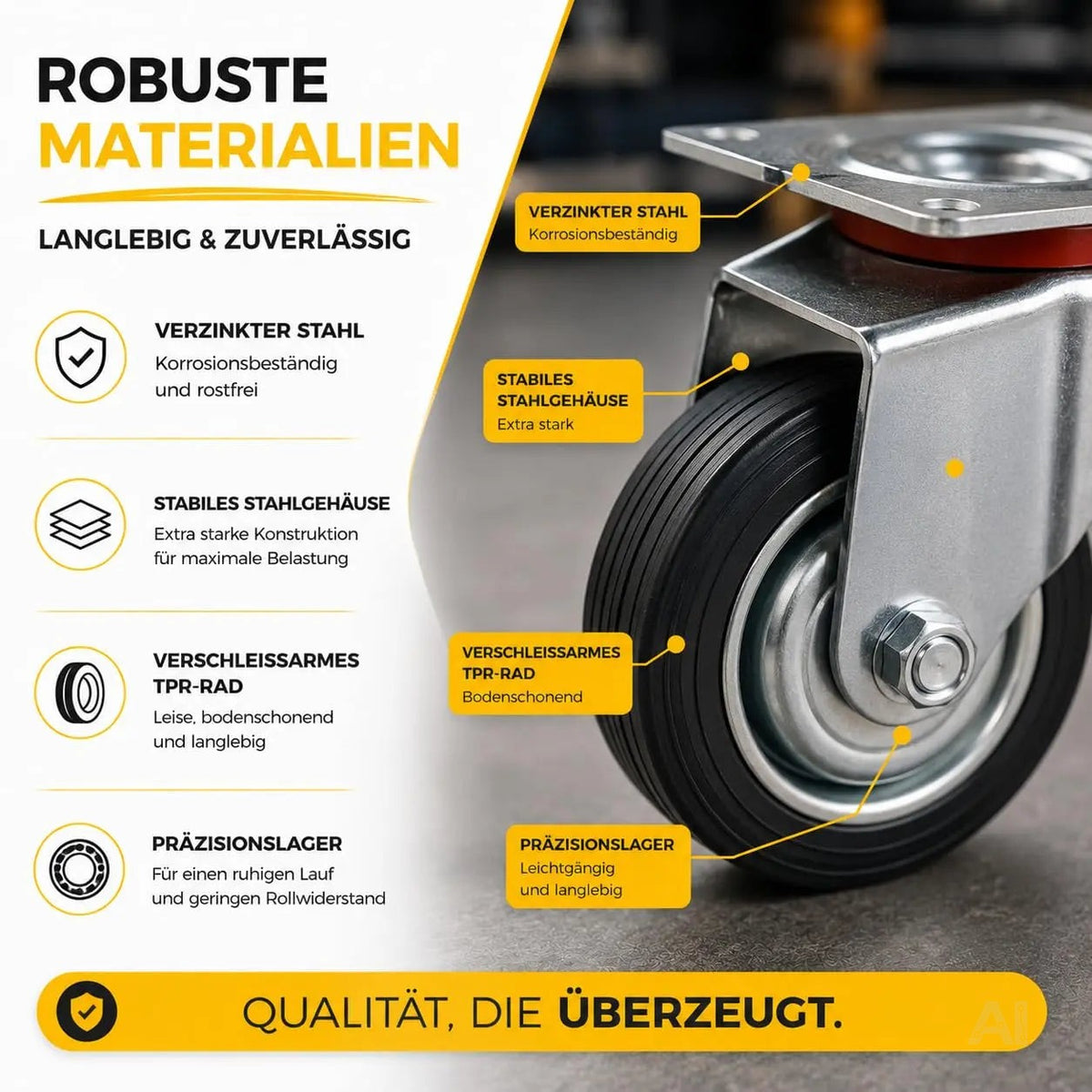 4er Transportrollen & Schwerlastrollen - mit Bremse - Lenkrolle - Bis 400 kg belastbar Schwerlast Möbelrollen (4x Lenkrollen ∅7.5 cm)