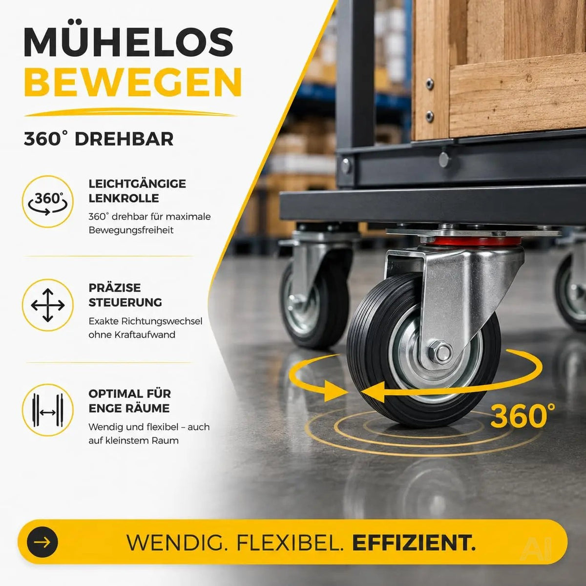 4er Transportrollen & Schwerlastrollen - mit Bremse - Lenkrolle - Bis 400 kg belastbar Schwerlast Möbelrollen (4x Lenkrollen ∅7.5 cm)