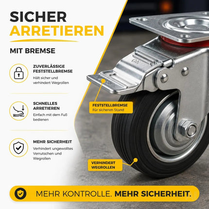 4er Transportrollen & Schwerlastrollen - mit Bremse - Lenkrolle - Bis 400 kg belastbar – Detailansicht 7