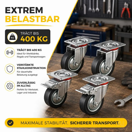 4er Transportrollen & Schwerlastrollen - mit Bremse - Lenkrolle - Bis 400 kg belastbar – Detailansicht 8