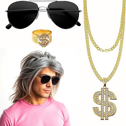 4 in 1 Vokuhila Kostüm Set mit Assi Perücke, Goldkette, Brille - für Fasching & Karneval für 80er 90er Kostüm