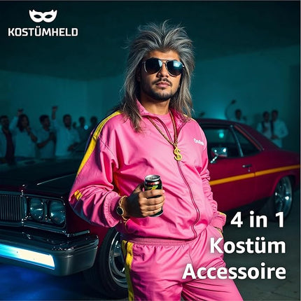 4 in 1 Vokuhila Kostüm Set mit Assi Perücke, Goldkette, Brille - für Fasching & Karneval für 80er 90er Kostüm