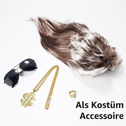 4 in 1 Vokuhila Kostüm Set mit Assi Perücke, Goldkette, Brille - für Fasching & Karneval für 80er 90er Kostüm