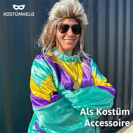 4 in 1 Vokuhila Kostüm Set mit Assi Perücke, Goldkette, Brille - für Fasching & Karneval für 80er 90er Kostüm