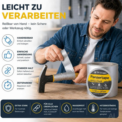 4x Duct Tape silber – Panzertape Gewebeklebeband 50 m x 50 mm – ultrastark & witterungsbeständig – Reparaturband Klebeband