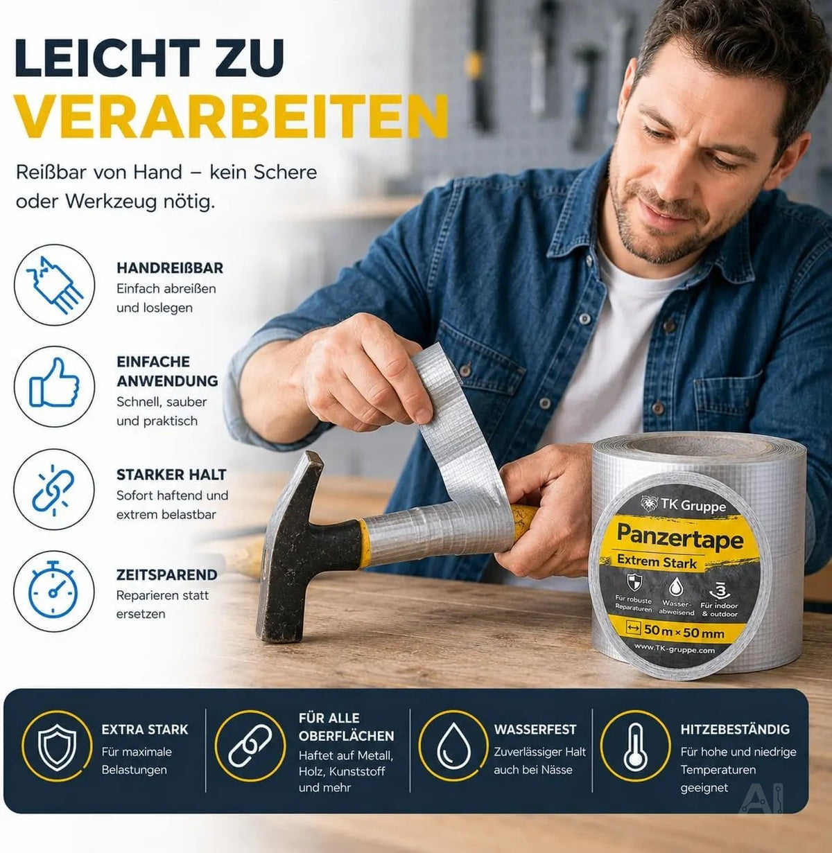 4x Duct Tape silber – Panzertape Gewebeklebeband 50 m x 50 mm – ultrastark & witterungsbeständig – Reparaturband Klebeband