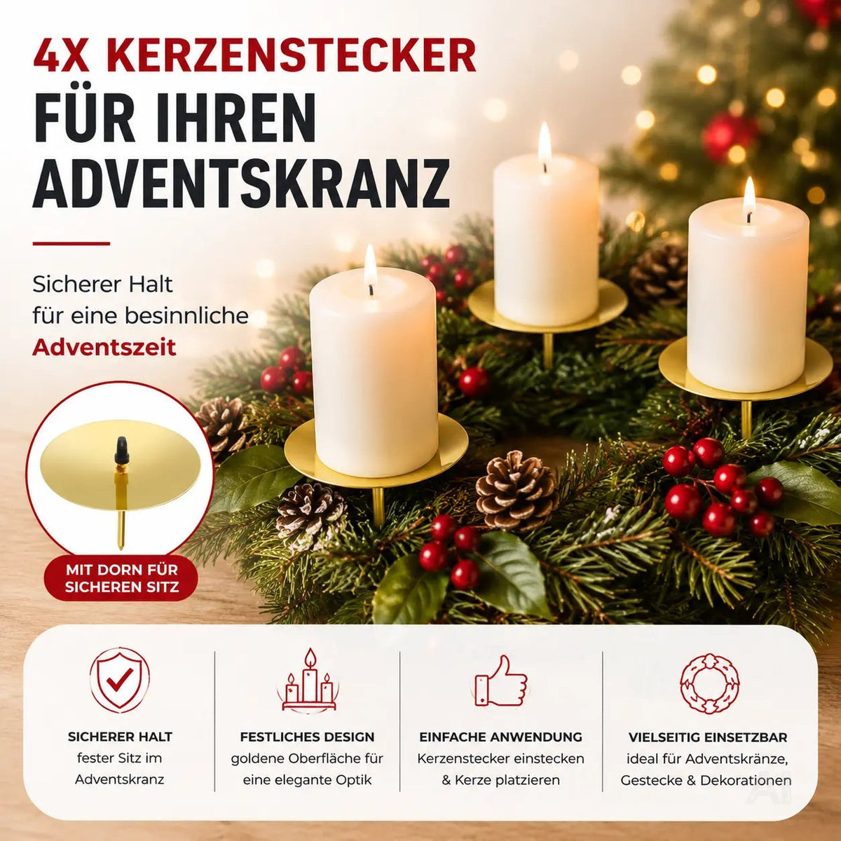 4x Kerzenhalter Gold Kerzenteller Adventskranzstecker 5 cm Kerzenstecker für Adventskranz – Detailansicht 3