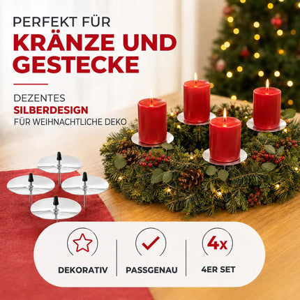 4x Kerzenhalter Silber Kerzenteller Adventskranzstecker Kerzenstecker für Adventskranz