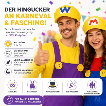 4x Knöpfe in Gelb & extra groß – ideal für Erwachsenen-Latzhosen zu Karneval und Fasching, für Damen und Herren – inspiriert von Mario und Waluigi, für Kostüme und Verkleidungen