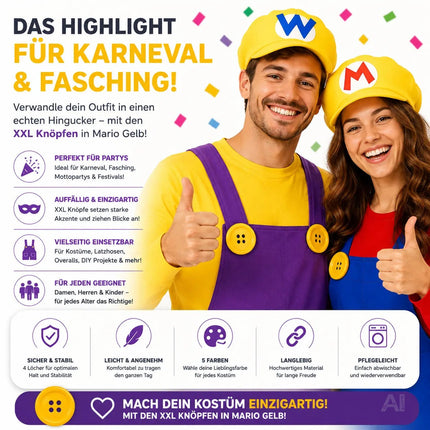 4x Knöpfe in Gelb & extra groß – ideal für Erwachsenen-Latzhosen zu Karneval und Fasching, für Damen und Herren – inspiriert von Mario und Waluigi, für Kostüme und Verkleidungen