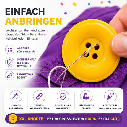 4x Knöpfe in Gelb & extra groß – ideal für Erwachsenen-Latzhosen zu Karneval und Fasching, für Damen und Herren – inspiriert von Mario und Waluigi, für Kostüme und Verkleidungen