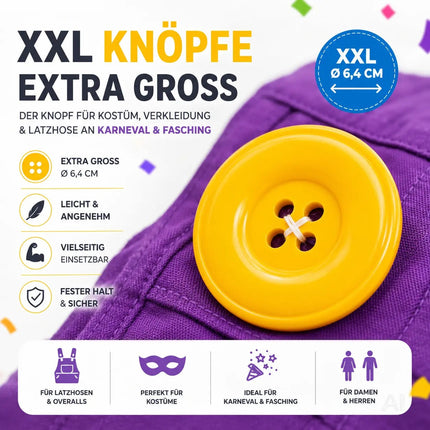 4x Knöpfe in Gelb & extra groß – ideal für Erwachsenen-Latzhosen zu Karneval und Fasching, für Damen und Herren – inspiriert von Mario und Waluigi, für Kostüme und Verkleidungen