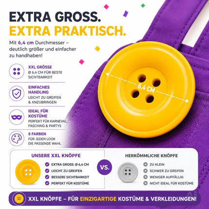 4x Knöpfe in Gelb & extra groß – ideal für Erwachsenen-Latzhosen zu Karneval und Fasching, für Damen und Herren – inspiriert von Mario und Waluigi, für Kostüme und Verkleidungen