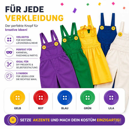 4x Knöpfe in Gelb & extra groß – ideal für Erwachsenen-Latzhosen zu Karneval und Fasching, für Damen und Herren – inspiriert von Mario und Waluigi, für Kostüme und Verkleidungen