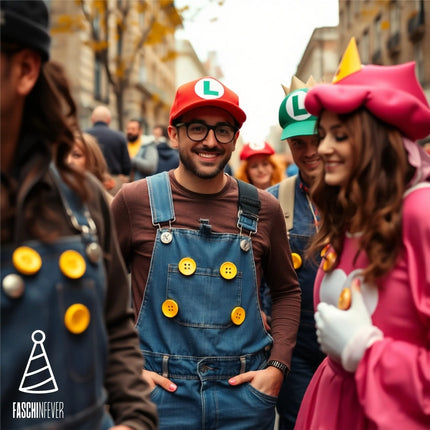 4x Knöpfe in Gelb & extra groß – ideal für Erwachsenen-Latzhosen zu Karneval und Fasching, für Damen und Herren – inspiriert von Mario und Waluigi, für Kostüme und Verkleidungen
