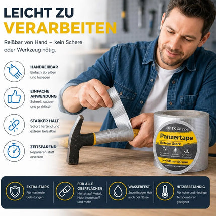4x Panzertape Tank Tape 2.0 – Gewebeklebeband 50 m x 50 mm – ultrastarkes Duct Tape silber – witterungsbeständiges Reparaturband