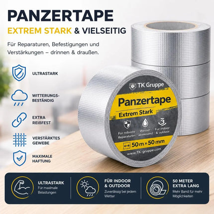 4x Panzertape Tank Tape 2.0 – Gewebeklebeband 50 m x 50 mm – ultrastarkes Duct Tape silber – witterungsbeständiges Reparaturband