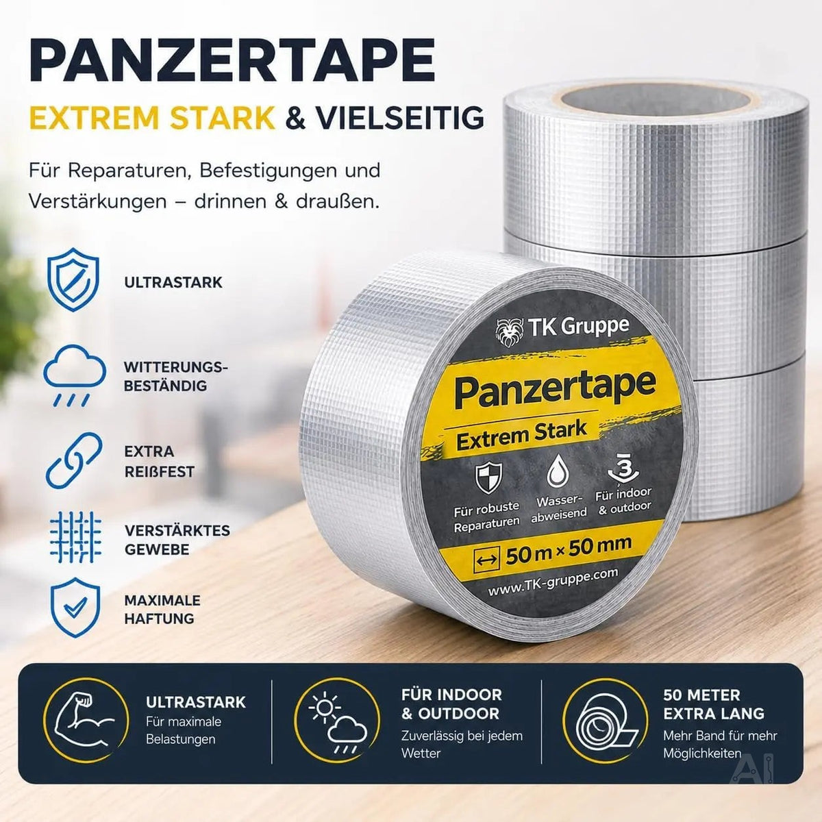 4x Panzertape Tank Tape 2.0 – Gewebeklebeband 50 m x 50 mm – ultrastarkes Duct Tape silber – witterungsbeständiges Reparaturband