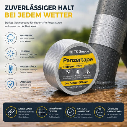 4x Panzertape Tank Tape 2.0 – Gewebeklebeband 50 m x 50 mm – ultrastarkes Duct Tape silber – witterungsbeständiges Reparaturband