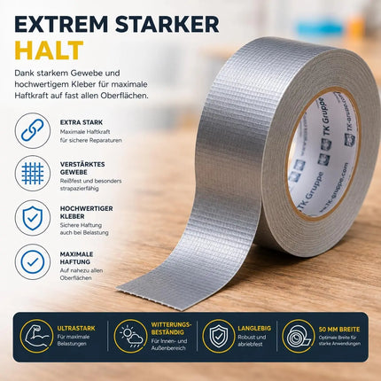 4x Panzertape Tank Tape 2.0 – Gewebeklebeband 50 m x 50 mm – ultrastarkes Duct Tape silber – witterungsbeständiges Reparaturband
