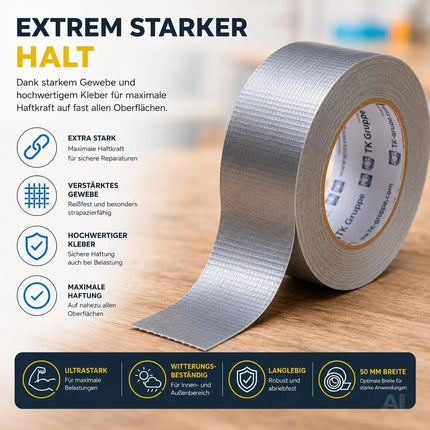 4x Panzertape Tank Tape 2.0 – Gewebeklebeband 50 m x 50 mm – ultrastarkes Duct Tape silber – witterungsbeständiges Reparaturband