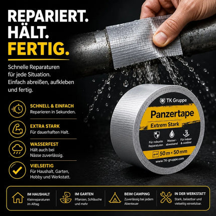 4x Panzertape Tank Tape 2.0 – Gewebeklebeband 50 m x 50 mm – ultrastarkes Duct Tape silber – witterungsbeständiges Reparaturband