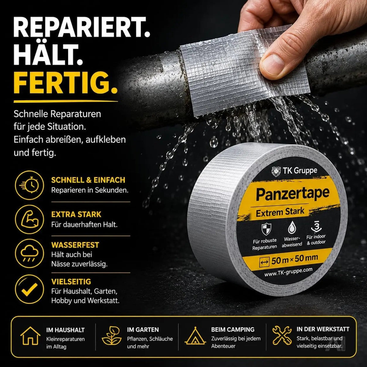 4x Panzertape Tank Tape 2.0 – Gewebeklebeband 50 m x 50 mm – ultrastarkes Duct Tape silber – witterungsbeständiges Reparaturband