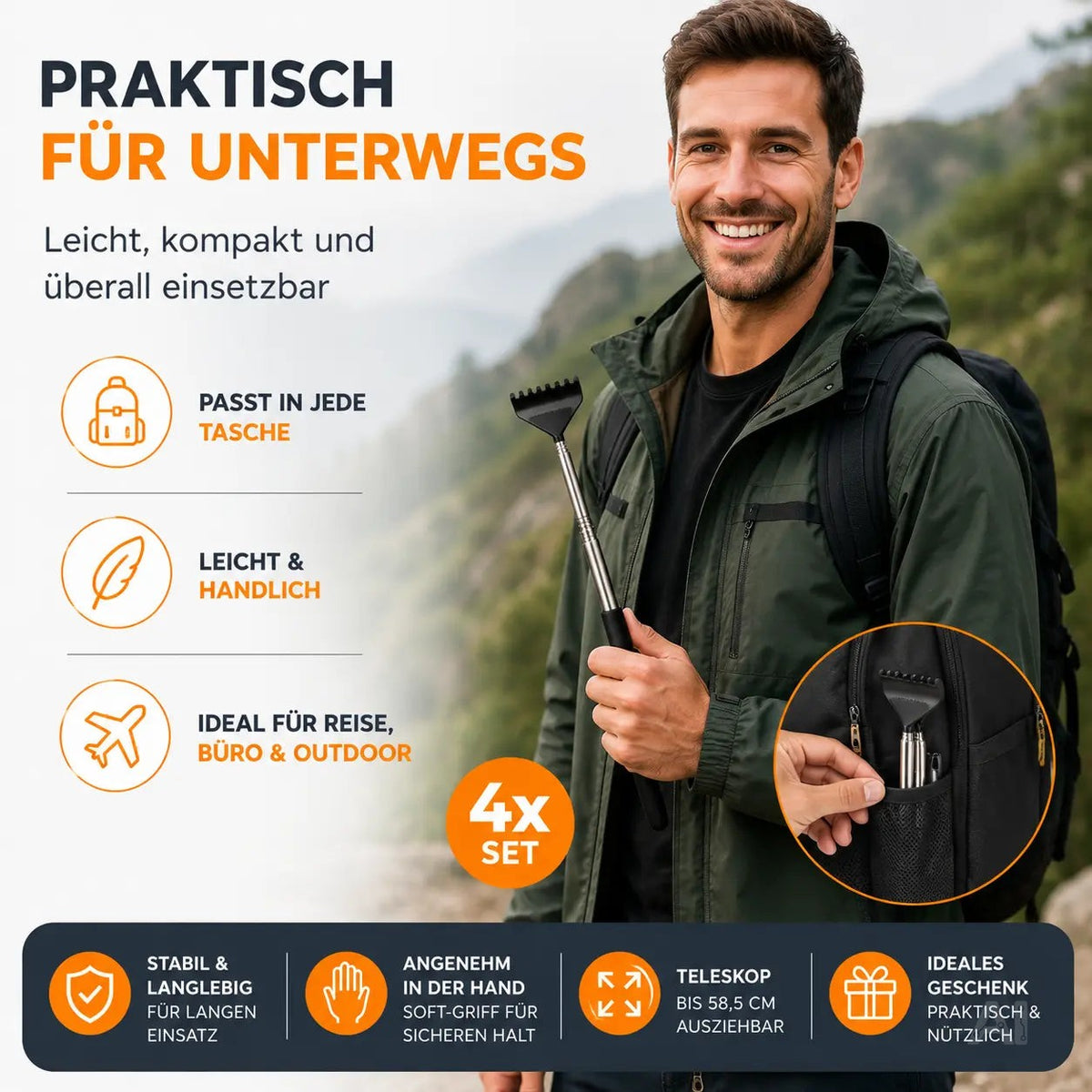 4x Rückenkratzer Teleskop: Breite Kratzhand als Massagegerät und Rückenkrauler – Maße und Abmessungen 3