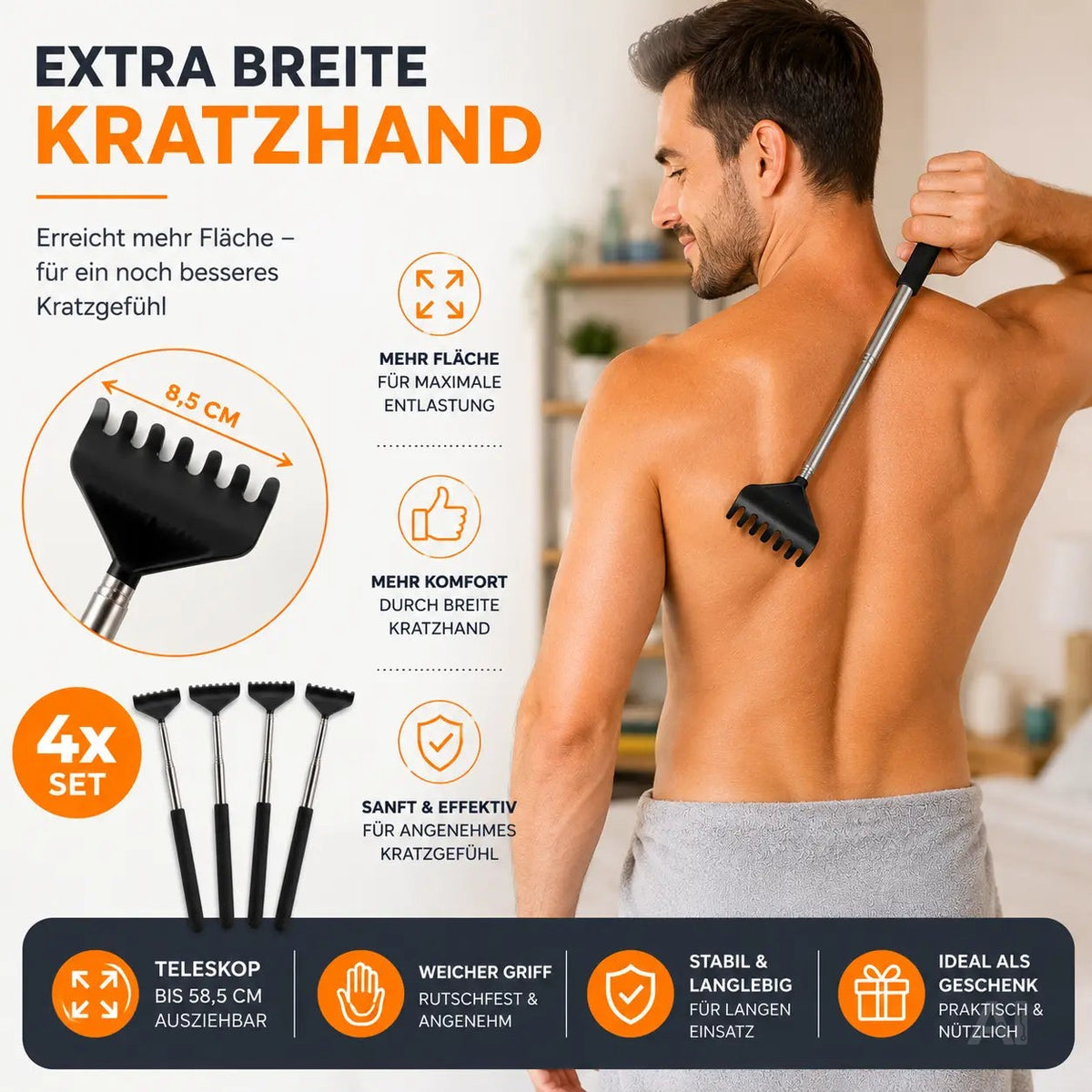 4x Rückenkratzer Teleskop: Breite Kratzhand als Massagegerät und Rückenkrauler – Maße und Abmessungen 6