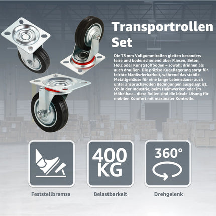 4x Schwerlastrollen mit Bremse bis 400 kg belastbar - Lenkrolle 75 mm Transportrollen - Rollen mit Bremsen - Möbelrollen - TK Gruppe® Offizieller Onlineshop