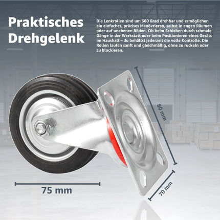 4x Schwerlastrollen mit Bremse bis 400 kg belastbar - Lenkrolle 75 mm Transportrollen - Rollen mit Bremsen - Möbelrollen - TK Gruppe® Offizieller Onlineshop