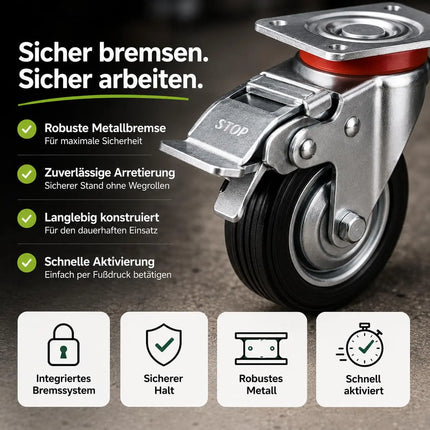 4x Schwerlastrollen mit Bremse bis 400 kg belastbar - Lenkrolle Transportrollen - Rollen mit Bremsen - Möbelrollen (4x Lenkrollen ∅10 cm)