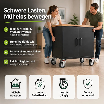 4x Schwerlastrollen mit Bremse bis 400 kg belastbar - Lenkrolle Transportrollen - Rollen mit Bremsen - Möbelrollen (4x Lenkrollen ∅10 cm)