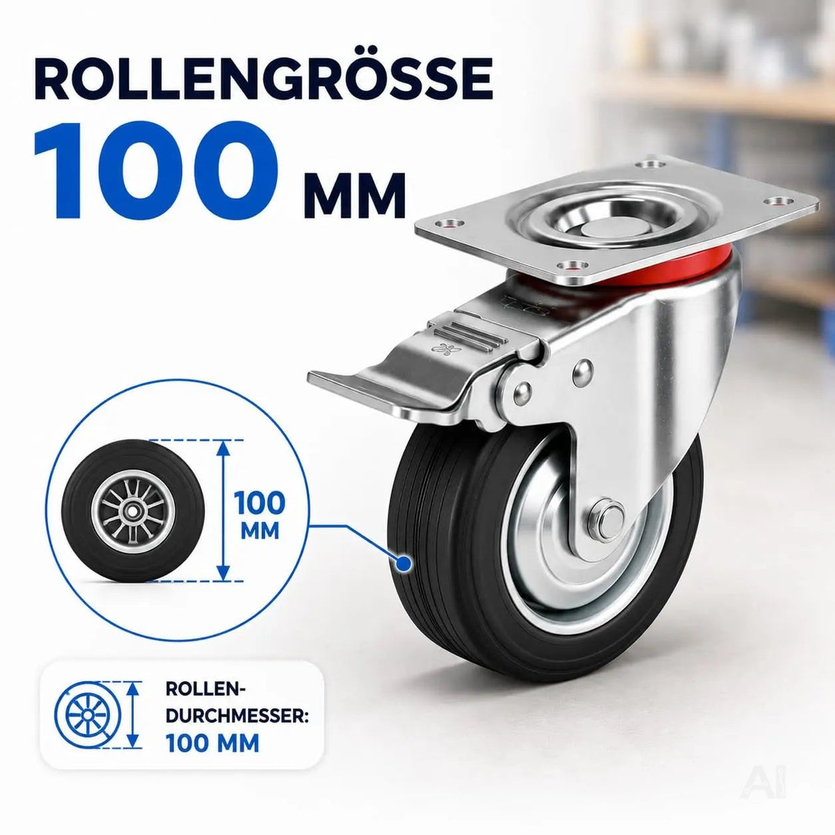 4x Schwerlastrollen mit Bremse bis 400 kg belastbar - Lenkrolle Transportrollen - Rollen mit Bremsen - Möbelrollen (4x Lenkrollen ∅10 cm)