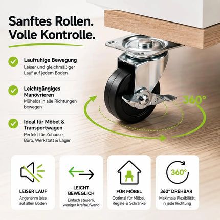 4x Schwerlastrollen mit Bremse bis 400 kg belastbar - Lenkrolle Transportrollen - Rollen mit Bremsen - Möbelrollen (4x Lenkrollen ∅5 cm)