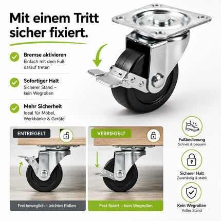 4x Schwerlastrollen mit Bremse bis 400 kg belastbar - Lenkrolle Transportrollen - Rollen mit Bremsen - Möbelrollen (4x Lenkrollen ∅5 cm)