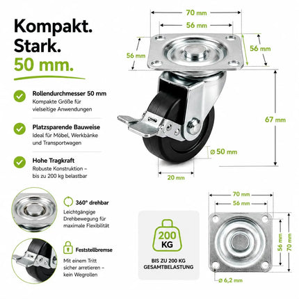 4x Schwerlastrollen mit Bremse bis 400 kg belastbar - Lenkrolle Transportrollen - Rollen mit Bremsen - Möbelrollen (4x Lenkrollen ∅5 cm)