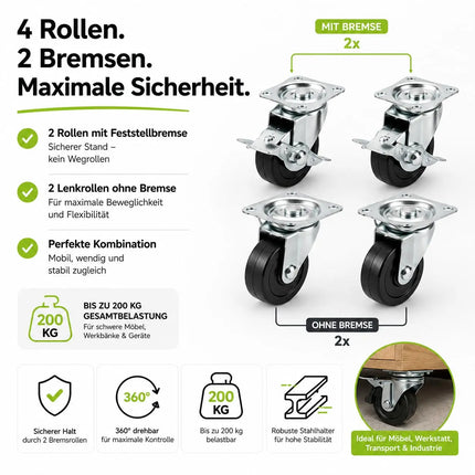 4x Schwerlastrollen mit Bremse bis 400 kg belastbar - Lenkrolle Transportrollen - Rollen mit Bremsen - Möbelrollen (4x Lenkrollen ∅5 cm)