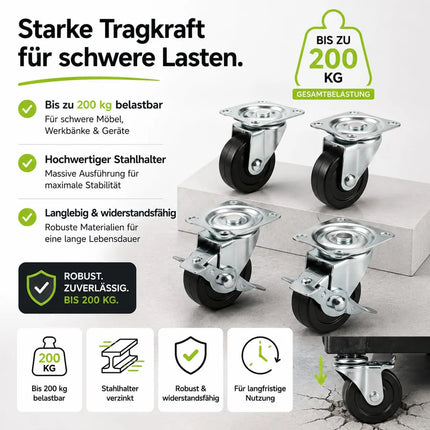 4x Schwerlastrollen mit Bremse bis 400 kg belastbar - Lenkrolle Transportrollen - Rollen mit Bremsen - Möbelrollen (4x Lenkrollen ∅5 cm)