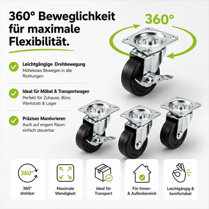4x Schwerlastrollen mit Bremse bis 400 kg belastbar - Lenkrolle Transportrollen - Rollen mit Bremsen - Möbelrollen (4x Lenkrollen ∅5 cm)