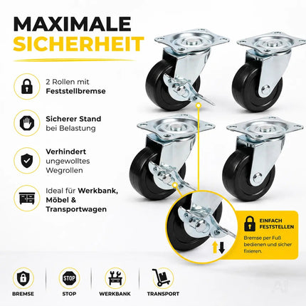 4x Schwerlastrollen mit Bremse bis 400 kg belastbar - Lenkrolle Transportrollen - Rollen mit Bremsen - Möbelrollen (4x Lenkrollen ∅5 cm)