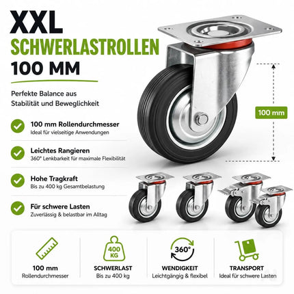 4x Schwerlastrollen mit Bremse bis 400 kg belastbar - Lenkrolle Transportrollen - Rollen mit Bremsen - Möbelrollen (4x Lenkrollen ∅7.5 cm)