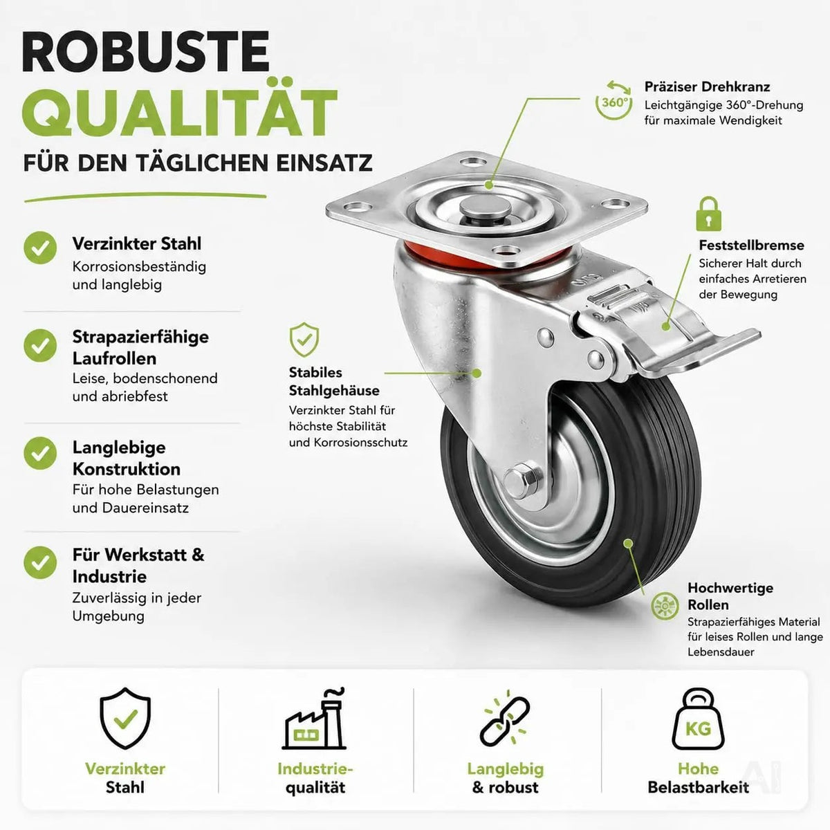 4x Schwerlastrollen mit Bremse bis 400 kg belastbar - Lenkrolle Transportrollen - Rollen mit Bremsen - Möbelrollen (4x Lenkrollen ∅7.5 cm)