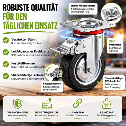 4x Schwerlastrollen mit Bremse bis 400 kg belastbar - Lenkrolle Transportrollen - Rollen mit Bremsen - Möbelrollen (4x Lenkrollen ∅7.5 cm)