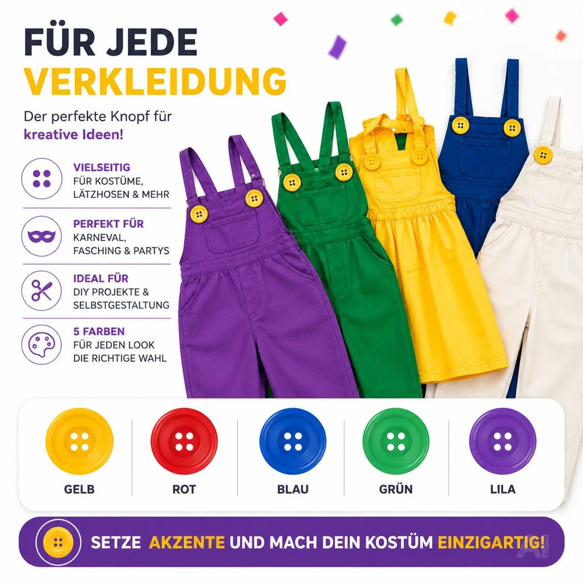 4x Super groß Knöpfe Knopf gelb für Kostüm, Verkleidung, Karneval Fasching – Mario Waluigi Mario – Detailansicht 6