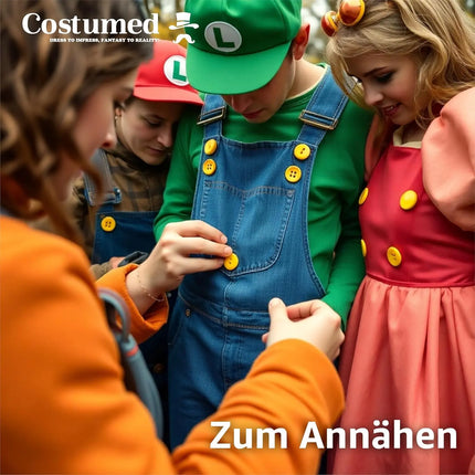 4x extra große gelbe Knöpfe – perfekt für Erwachsenen-Latzhosen für Damen & Herren, inspiriert von Mario & Waluigi, ideal für Kostüme zu Karneval & Fasching