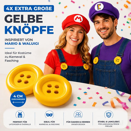 4x extra große gelbe Knöpfe – perfekt für Erwachsenen-Latzhosen für Damen & Herren, inspiriert von Mario & Waluigi, ideal für Kostüme zu Karneval & Fasching